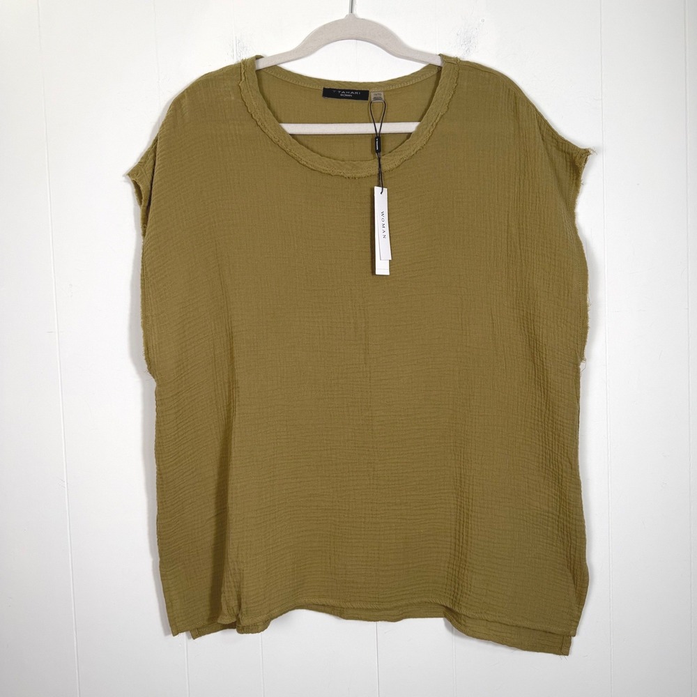T Tahari Woman Double Gauze Cotton Top Olive Green Raw Edge Plus Size 1X New
